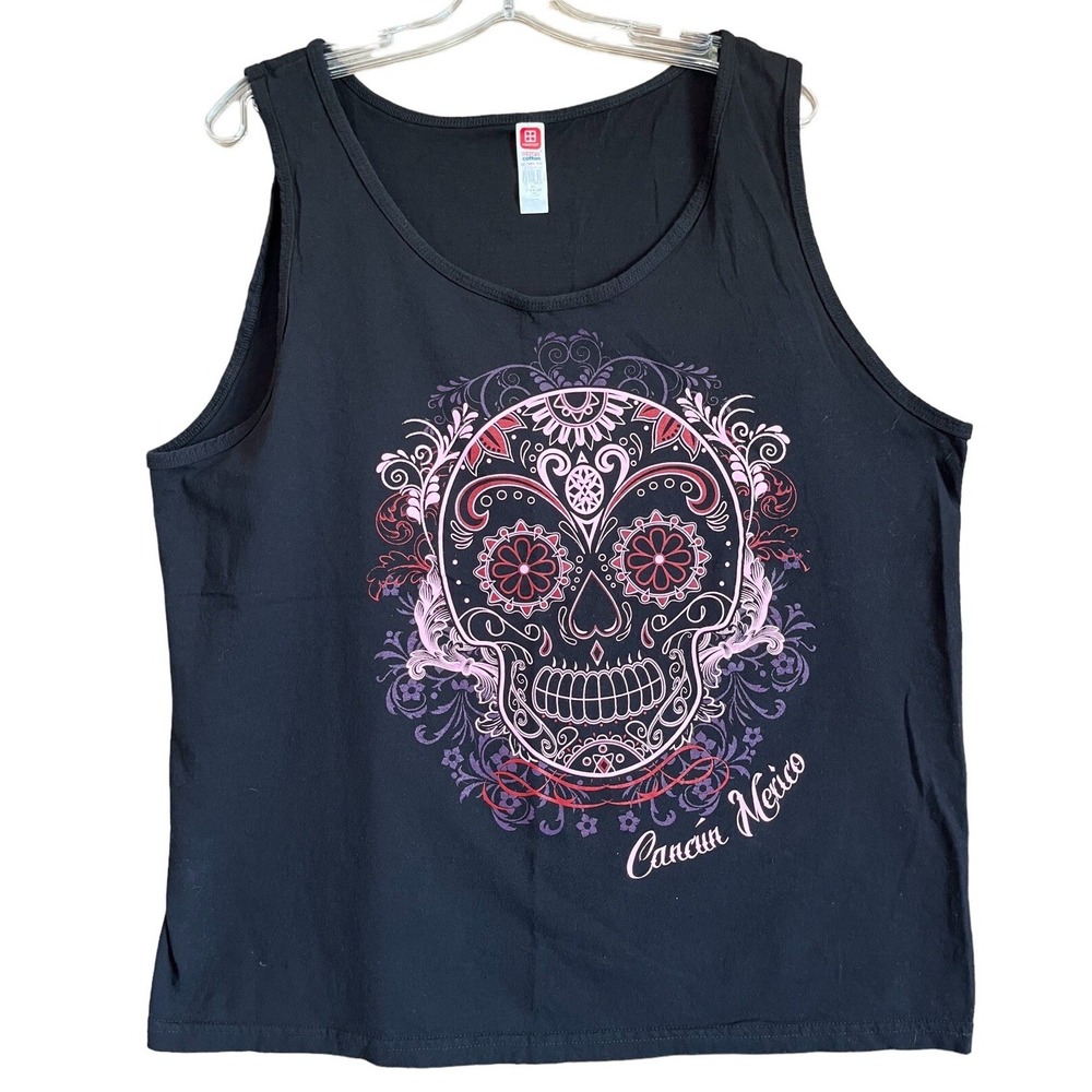 Cancun Mexico Sleeveless Top Womens XL Black Sugar Skull Pink Rose Vacation